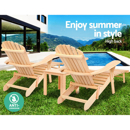 Gardeon 3PC Adirondack Outdoor Wooden Sun Lounge Set with Table - Natural Wood - Cosy Abode