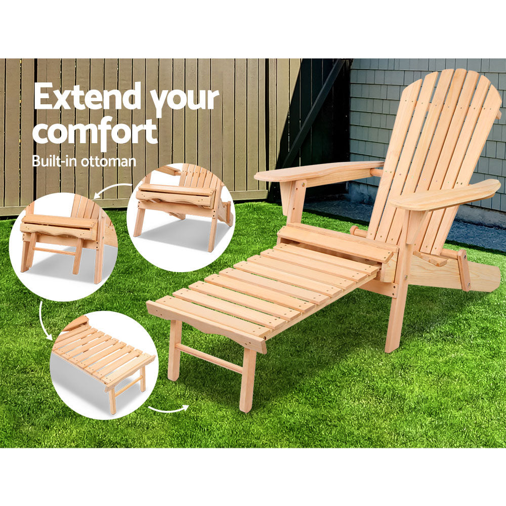 Gardeon 3PC Adirondack Outdoor Wooden Sun Lounge Set - Natural Wood - Cosy Abode