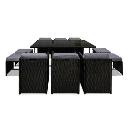 Gardeon Outdoor Dining Set 11 Piece Wicker Table Chairs Setting Black - Cosy Abode