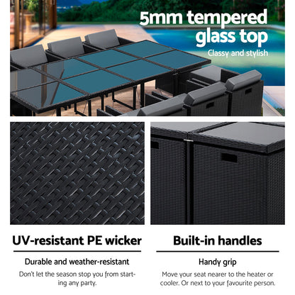 Gardeon Outdoor Dining Set 13 Piece Wicker Table Chairs Setting Black - Cosy Abode