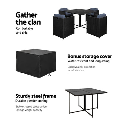 Gardeon Outdoor Dining Set 5 Piece Wicker Table Chairs Setting Black - Cosy Abode