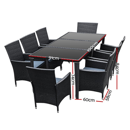 Gardeon Outdoor Dining Set 9 Piece Wicker Lounge Setting Black - Cosy Abode