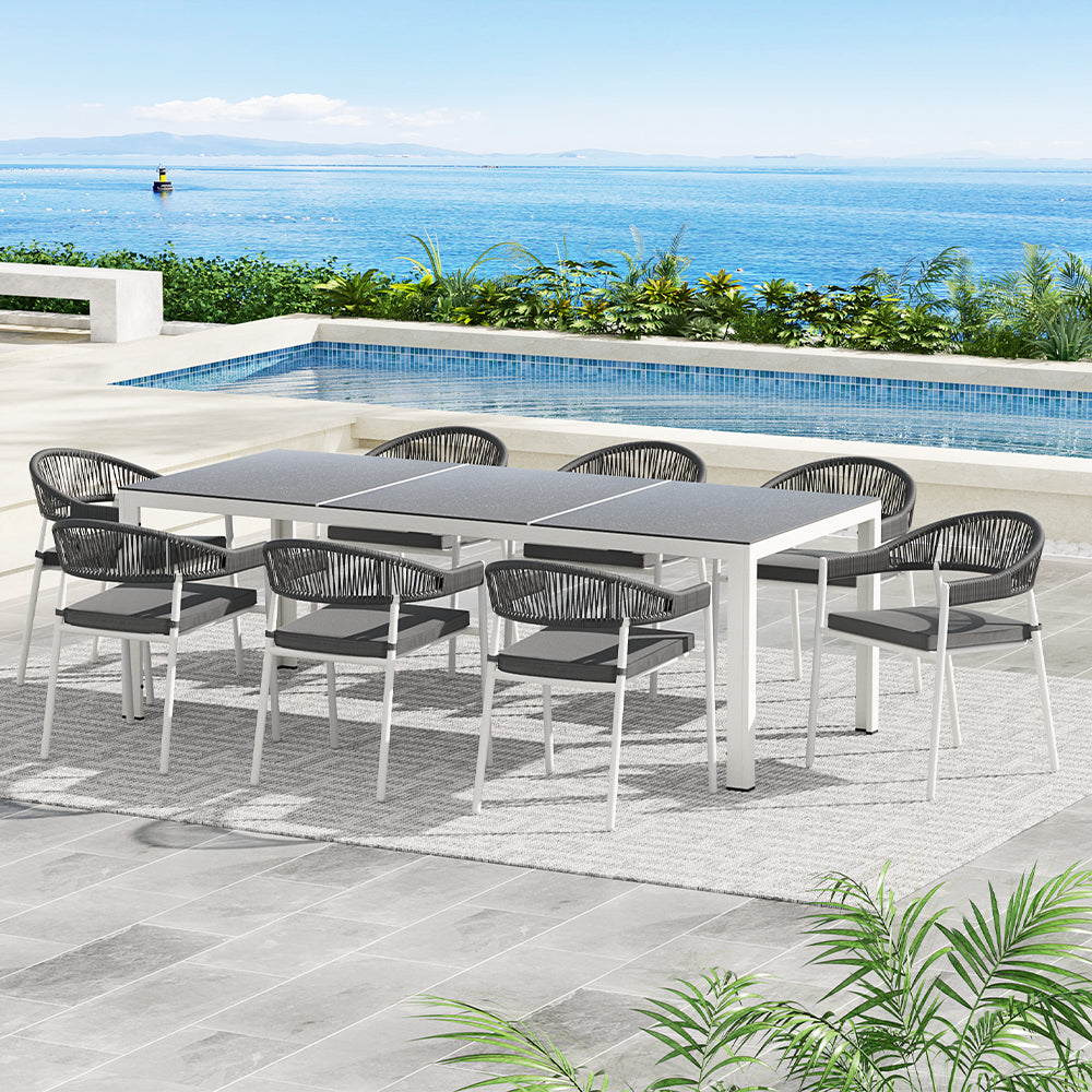 Gardeon Outdoor Dining Set 9 Piece Steel Table Chairs Setting White - Cosy Abode