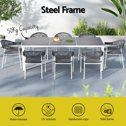 Gardeon Outdoor Dining Set 9 Piece Steel Table Chairs Setting White - Cosy Abode