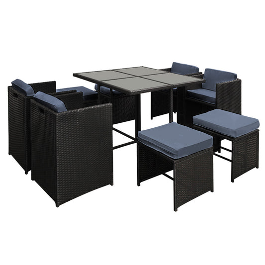 Gardeon Outdoor Dining Set 9 Piece Wicker Table Chairs Setting Black - Cosy Abode