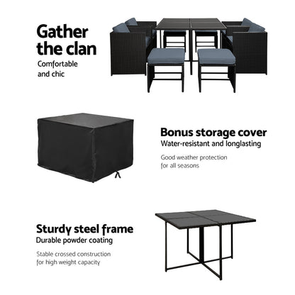 Gardeon Outdoor Dining Set 9 Piece Wicker Table Chairs Setting Black - Cosy Abode
