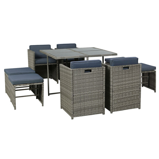 Gardeon Outdoor Dining Set 9 Piece Wicker Table Chairs Setting Grey - Cosy Abode