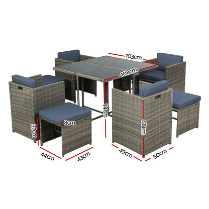 Gardeon Outdoor Dining Set 9 Piece Wicker Table Chairs Setting Grey - Cosy Abode