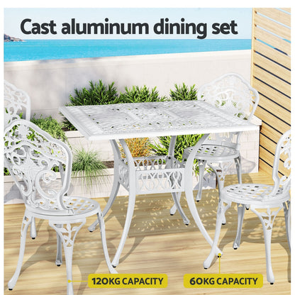 Gardeon Outdoor Dining Set 5 Piece Chairs Table Cast Aluminum Patio White - Cosy Abode