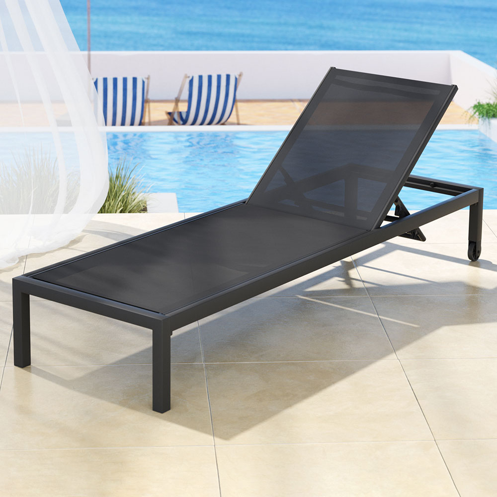 Gardeon Sun Lounge Outdoor Lounger Aluminium Folding Beach Chair Wheels Black - Cosy Abode