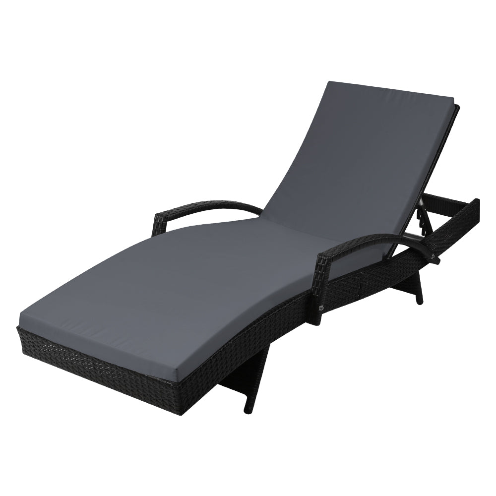 Gardeon Sun Lounge Wicker Lounger Outdoor Furniture Beach Chair Patio Adjustable Cushion Black - Cosy Abode
