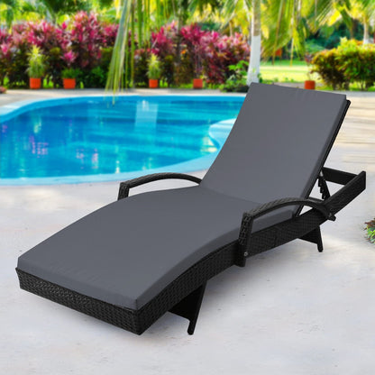 Gardeon Sun Lounge Wicker Lounger Outdoor Furniture Beach Chair Patio Adjustable Cushion Black - Cosy Abode