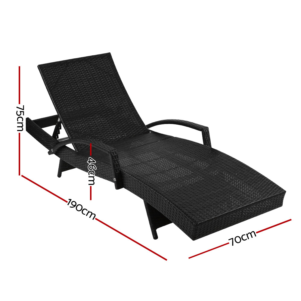 Gardeon 2PC Sun Lounge Wicker Lounger Outdoor Furniture Beach Chair Patio Adjustable Cushion Black - Cosy Abode