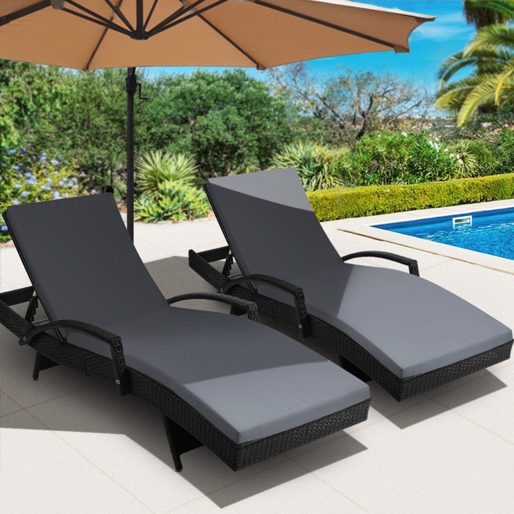 Gardeon 2PC Sun Lounge Wicker Lounger Outdoor Furniture Beach Chair Patio Adjustable Cushion Black - Cosy Abode