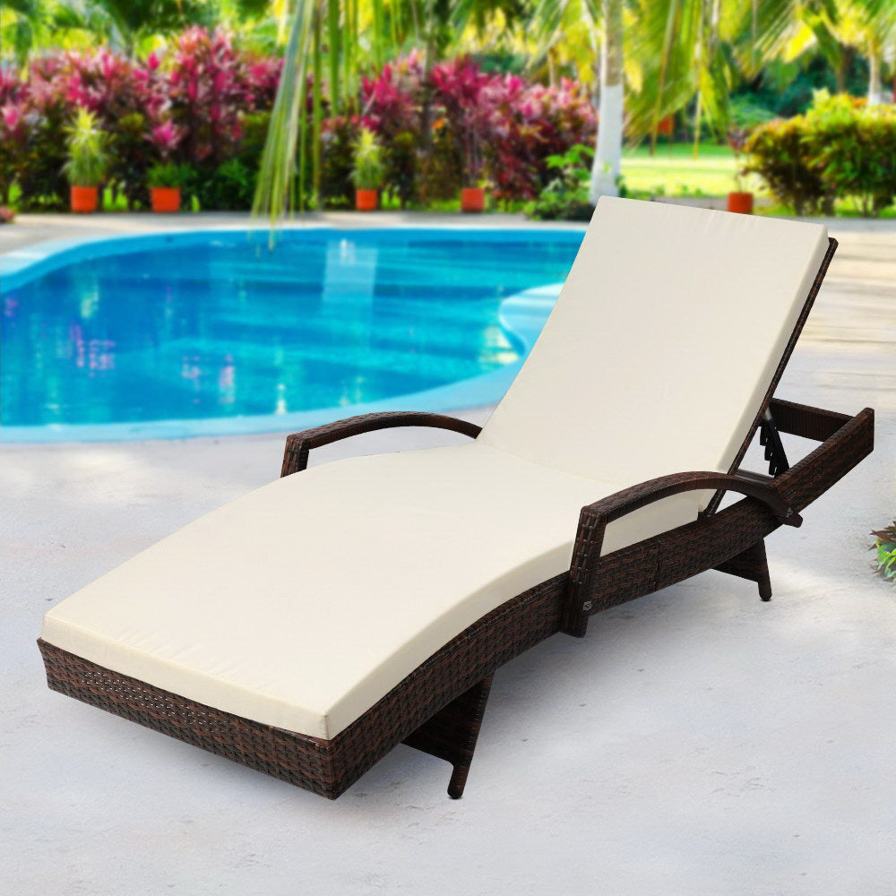 Gardeon Sun Lounge Wicker Lounger Outdoor Furniture Beach Chair Patio Adjustable Cushion Brown - Cosy Abode