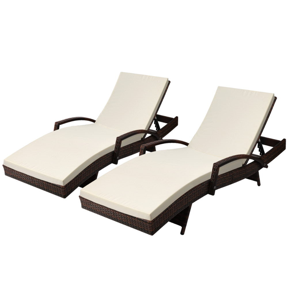 Gardeon 2PC Sun Lounge Wicker Lounger Outdoor Furniture Beach Chair Patio Adjustable Cushion Brown - Cosy Abode