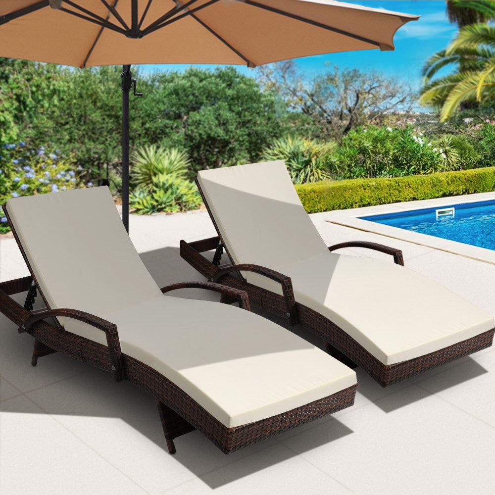 Gardeon 2PC Sun Lounge Wicker Lounger Outdoor Furniture Beach Chair Patio Adjustable Cushion Brown - Cosy Abode