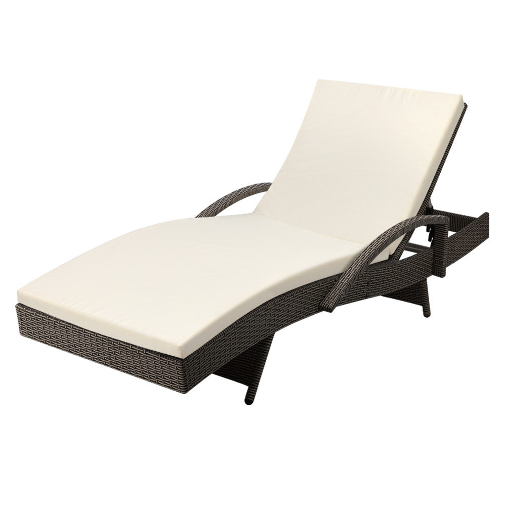 Gardeon Sun Lounge Wicker Lounger Outdoor Furniture Beach Chair Patio Adjustable Cushion Grey&Beige - Cosy Abode