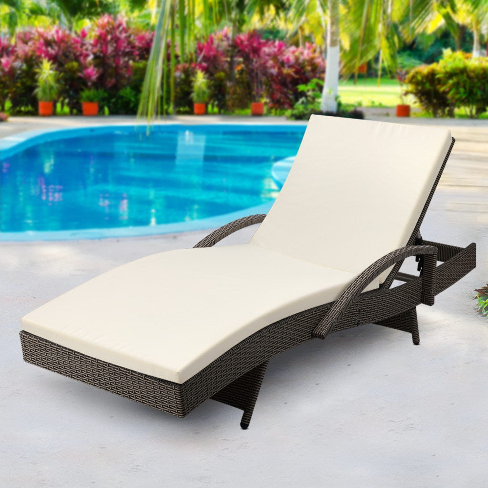 Gardeon Sun Lounge Wicker Lounger Outdoor Furniture Beach Chair Patio Adjustable Cushion Grey&Beige - Cosy Abode