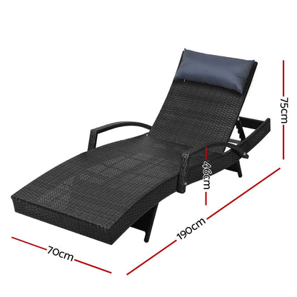 Gardeon Sun Lounge Wicker Lounger Outdoor Furniture Beach Chair Armrest Adjustable Black - Cosy Abode