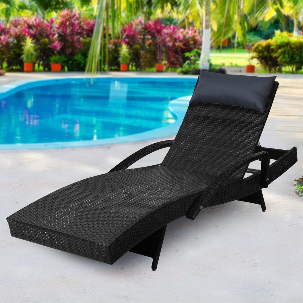 Gardeon Sun Lounge Wicker Lounger Outdoor Furniture Beach Chair Armrest Adjustable Black - Cosy Abode