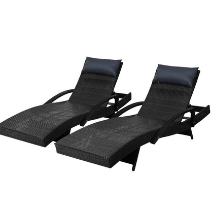 Gardeon 2x Sun Lounge Wicker Lounger Outdoor Furniture Beach Chair Armrest Adjustable Black - Cosy Abode
