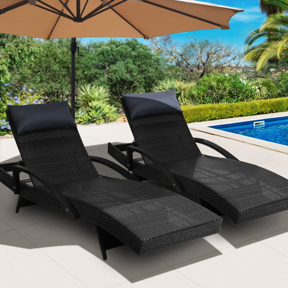 Gardeon 2x Sun Lounge Wicker Lounger Outdoor Furniture Beach Chair Armrest Adjustable Black - Cosy Abode