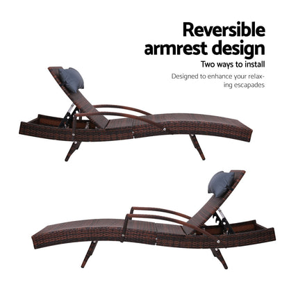 Gardeon 2x Sun Lounge Wicker Lounger Outdoor Furniture Beach Chair Armrest Adjustable Brown - Cosy Abode