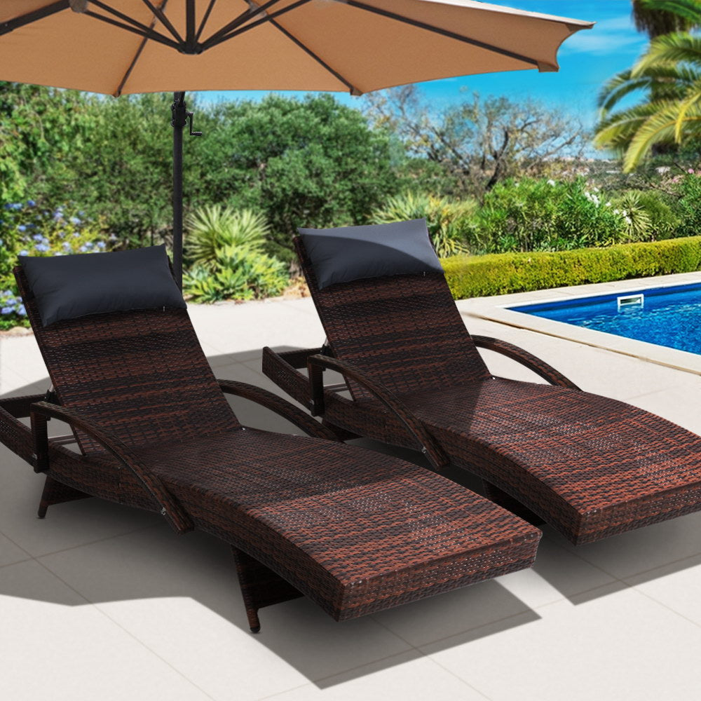 Gardeon 2x Sun Lounge Wicker Lounger Outdoor Furniture Beach Chair Armrest Adjustable Brown - Cosy Abode