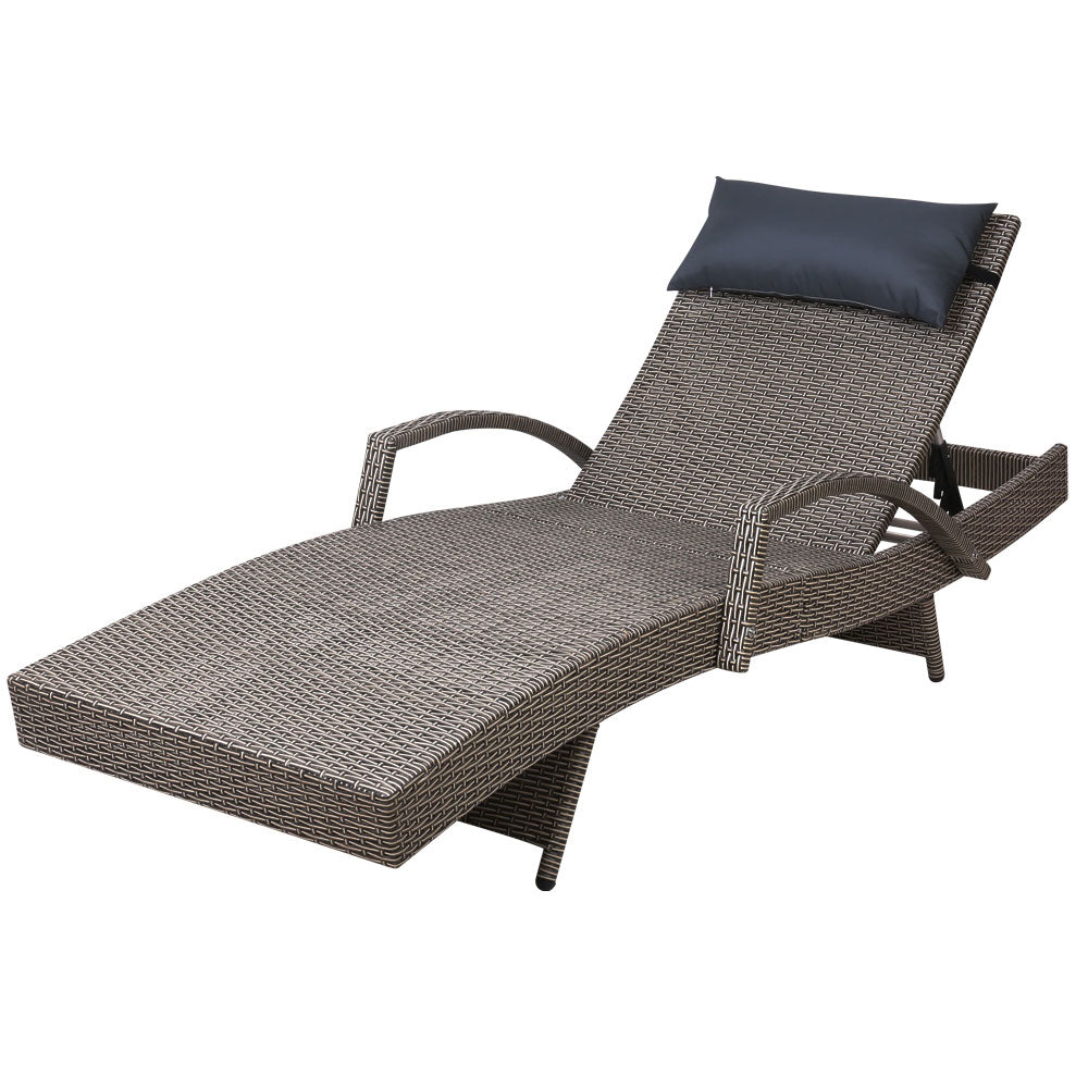 Gardeon Sun Lounge Wicker Lounger Outdoor Furniture Beach Armchair Adjustable Grey&Beige - Cosy Abode