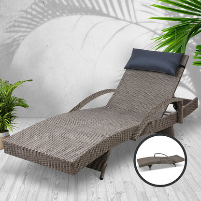 Gardeon Sun Lounge Wicker Lounger Outdoor Furniture Beach Armchair Adjustable Grey&Beige - Cosy Abode