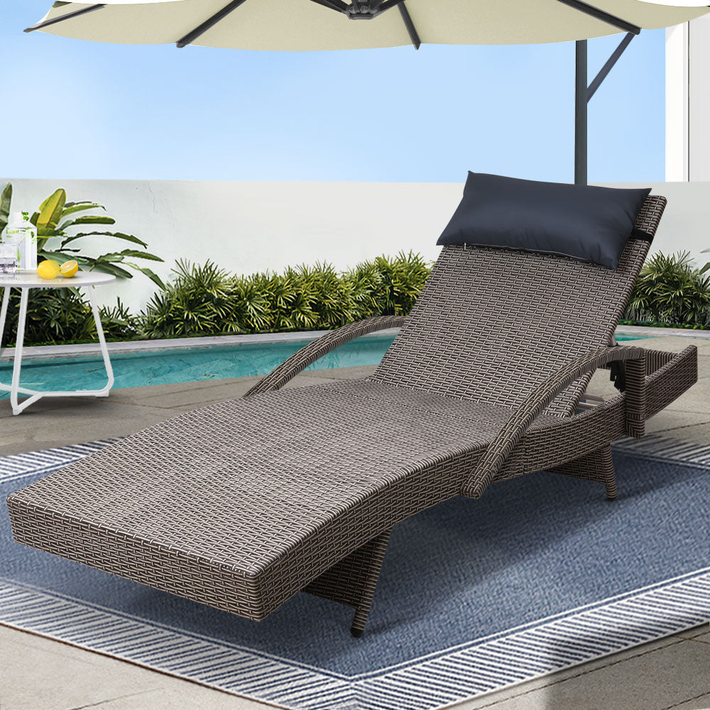Gardeon Sun Lounge Wicker Lounger Outdoor Furniture Beach Armchair Adjustable Grey&Beige - Cosy Abode