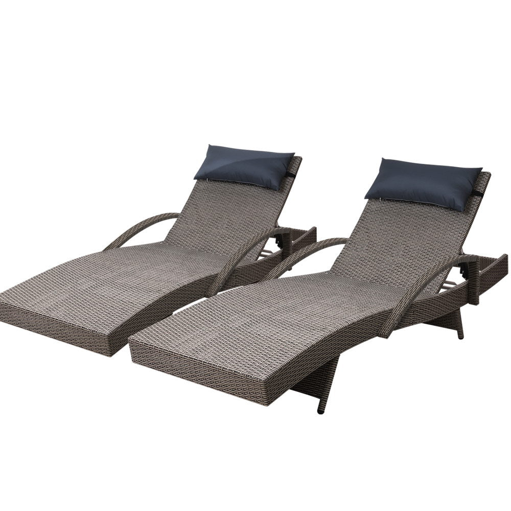 Gardeon 2x Sun Lounge Wicker Lounger Outdoor Furniture Beach Armchair Adjustable Grey&Beige - Cosy Abode