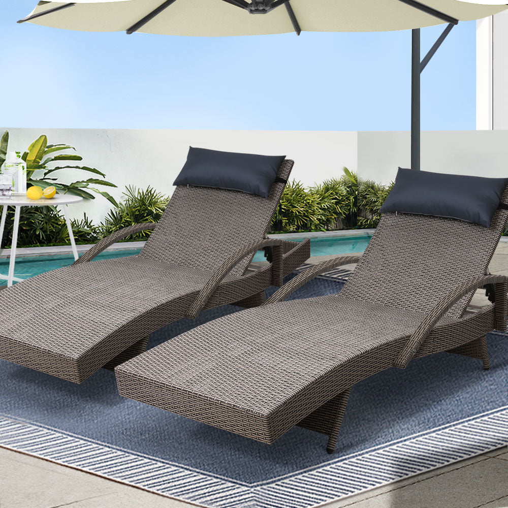 Gardeon 2x Sun Lounge Wicker Lounger Outdoor Furniture Beach Armchair Adjustable Grey&Beige - Cosy Abode