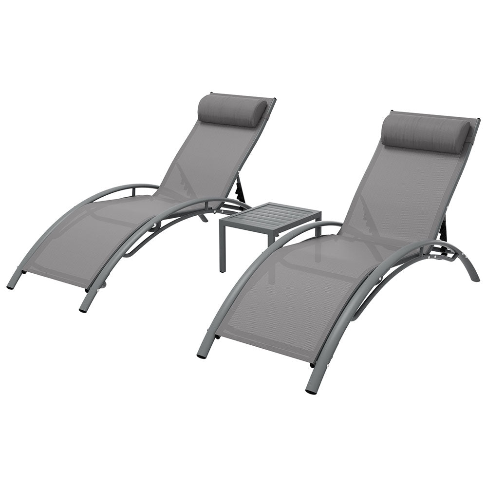 Gardeon 3PC Sun Lounge Outdoor Lounger Steel Table Chairs Patio Furniture Grey - Cosy Abode
