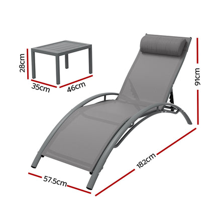 Gardeon 3PC Sun Lounge Outdoor Lounger Steel Table Chairs Patio Furniture Grey - Cosy Abode