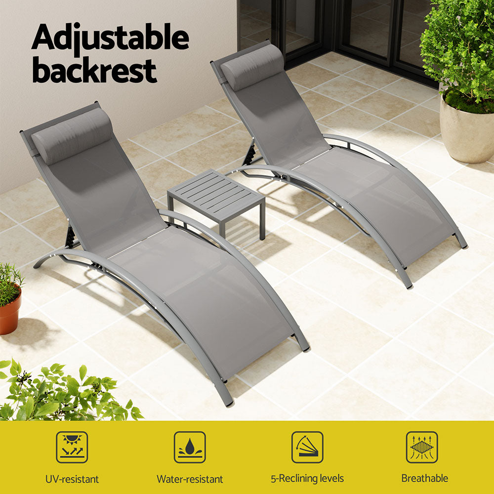 Gardeon 3PC Sun Lounge Outdoor Lounger Steel Table Chairs Patio Furniture Grey - Cosy Abode