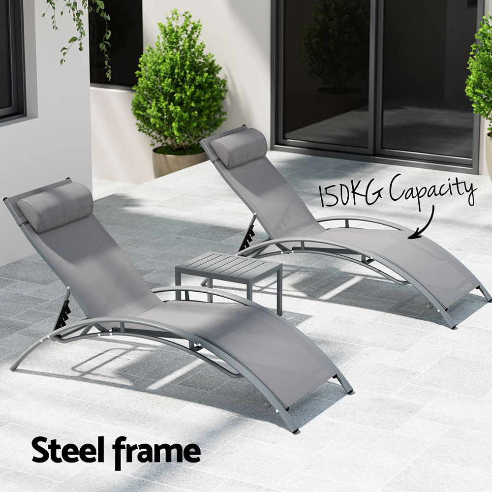 Gardeon 3PC Sun Lounge Outdoor Lounger Steel Table Chairs Patio Furniture Grey - Cosy Abode