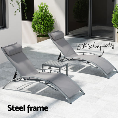 Gardeon 3PC Sun Lounge Outdoor Lounger Steel Table Chairs Patio Furniture Grey - Cosy Abode