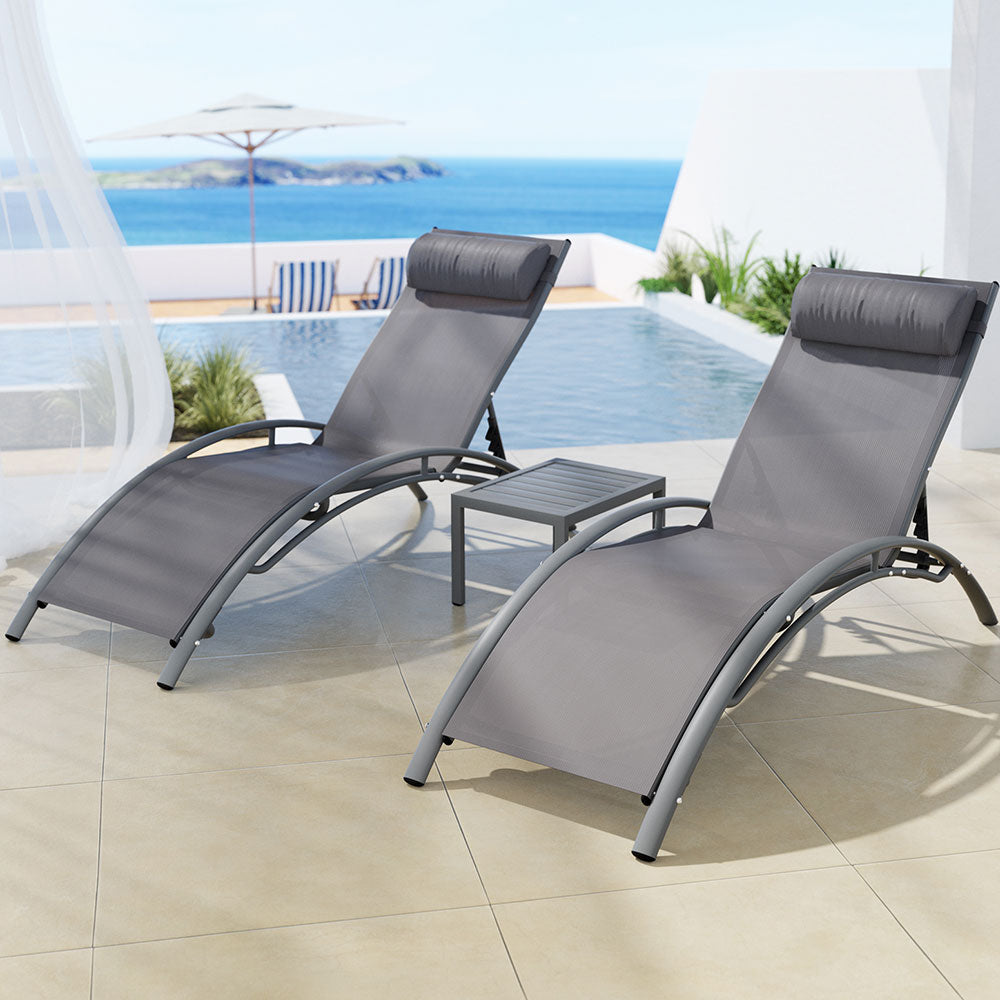 Gardeon 3PC Sun Lounge Outdoor Lounger Steel Table Chairs Patio Furniture Grey - Cosy Abode