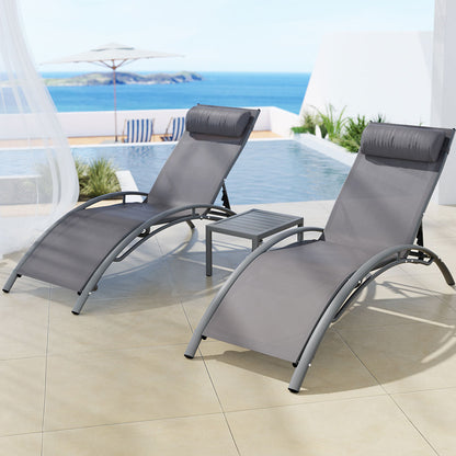 Gardeon 3PC Sun Lounge Outdoor Lounger Steel Table Chairs Patio Furniture Grey - Cosy Abode
