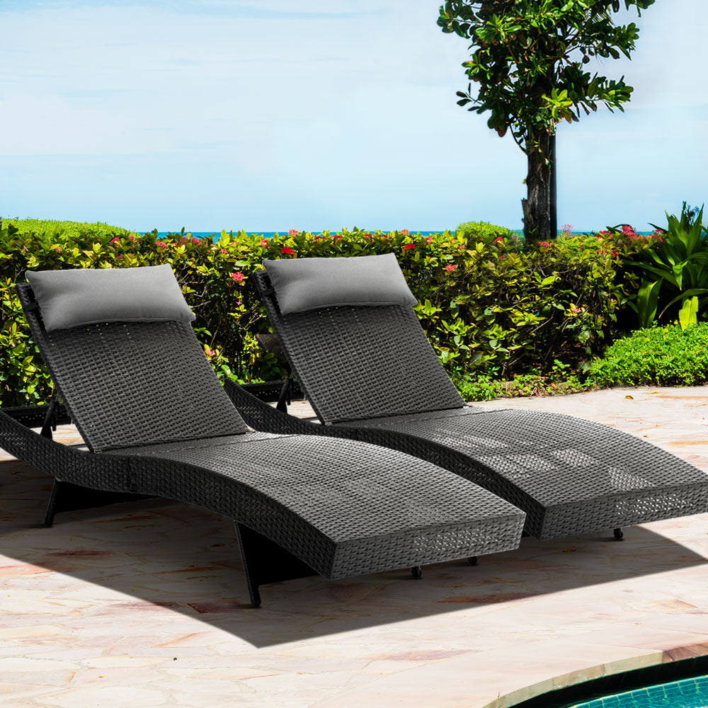 Gardeon 2PC Sun Lounge Wicker Lounger Outdoor Furniture Beach Chair Garden Adjustable Black - Cosy Abode