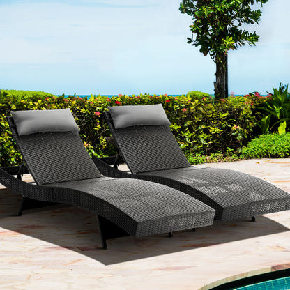 Gardeon 2PC Sun Lounge Wicker Lounger Outdoor Furniture Beach Chair Garden Adjustable Black - Cosy Abode