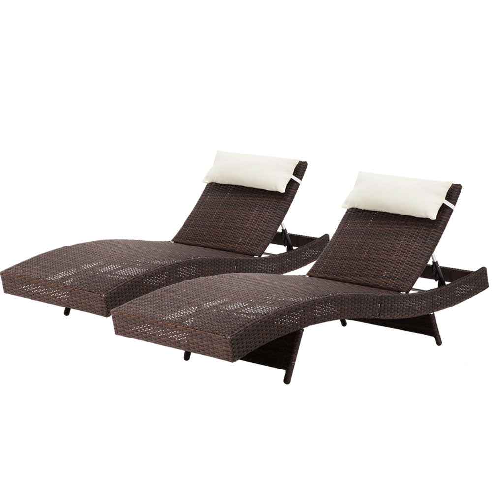 Gardeon 2PC Sun Lounge Wicker Lounger Outdoor Furniture Beach Chair Garden Adjustable Brown - Cosy Abode