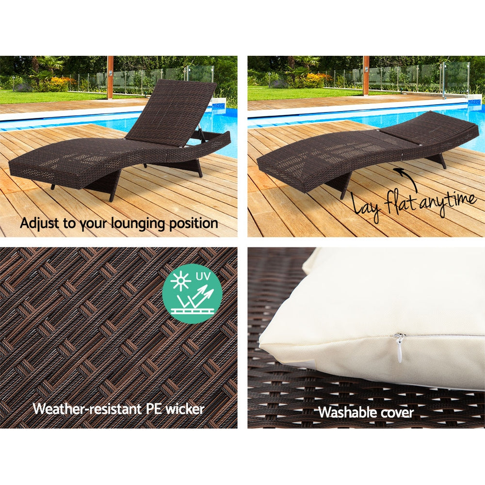 Gardeon 2PC Sun Lounge Wicker Lounger Outdoor Furniture Beach Chair Garden Adjustable Brown - Cosy Abode