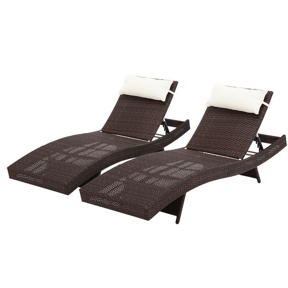Gardeon 2PC Sun Lounge Wicker Lounger Outdoor Furniture Beach Chair Garden Adjustable Brown - Cosy Abode