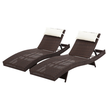 Gardeon 2PC Sun Lounge Wicker Lounger Outdoor Furniture Beach Chair Garden Adjustable Brown - Cosy Abode