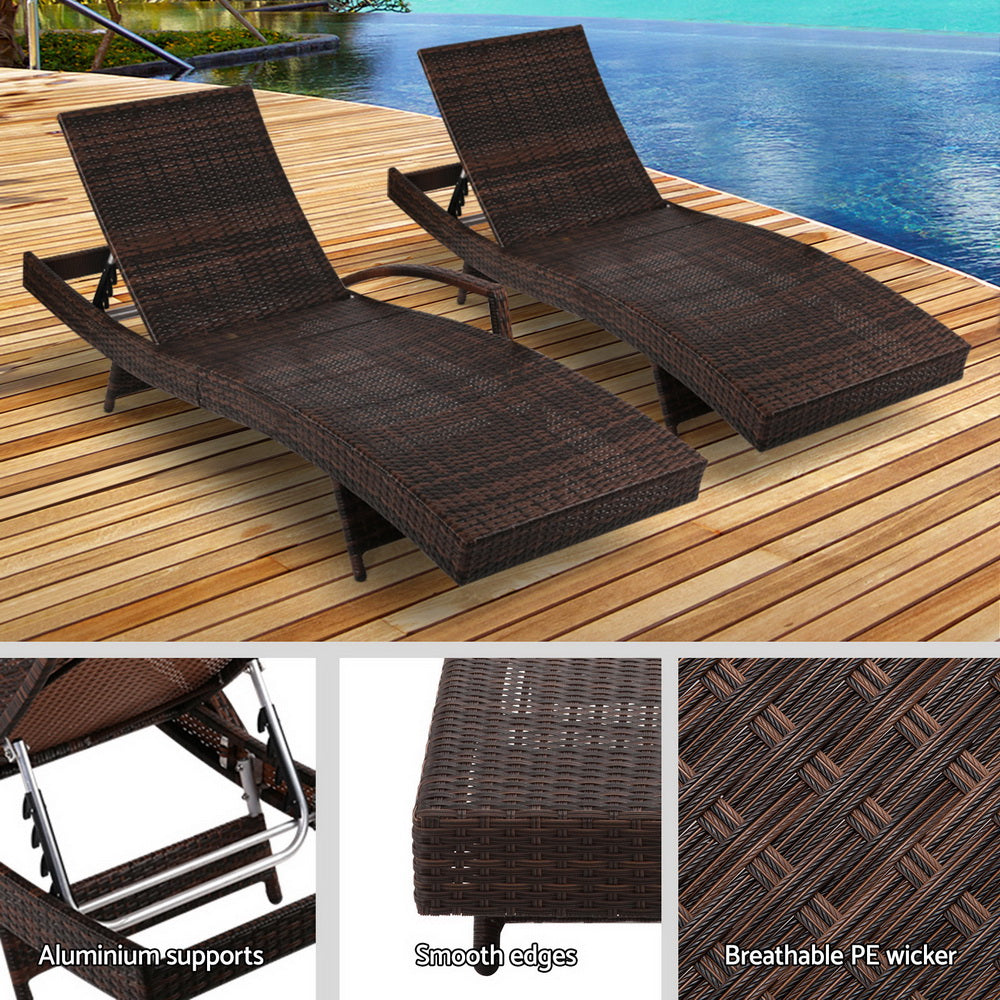 Gardeon 2PC Sun Lounge Wicker Lounger Outdoor Furniture Beach Chair Garden Adjustable Brown - Cosy Abode