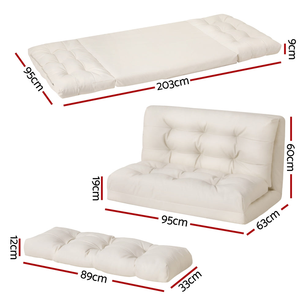Artiss Floor Lounge Sofa Bed 2 Seater Pillow Leather White - Cosy Abode