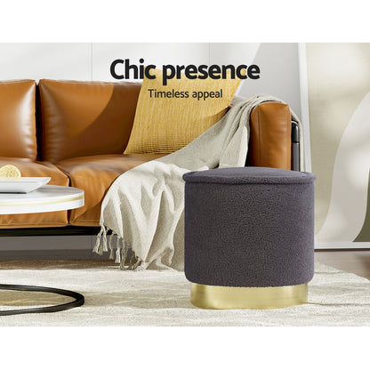Artiss Ottoman Foot Stool Round Teddy Fabric Charcoal - Cosy Abode